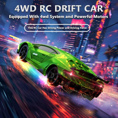 RC Drift Car 1:24 Remote Control Car 4WD 15KM/H High Speed Racing Sport Car with LED Lights RC Cars Toy for Kids Boys Girls Adults Gifts Birthday Christmas - color: Green