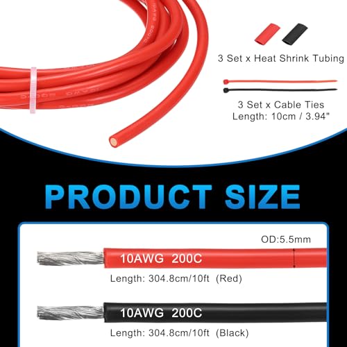 MECCANIXITY 10 Gauge Silicone Electrical Wire Cable, 10 AWG 10ft Black and 10ft Red Electrical Wires High Temp 600V 200C Flexible Stranded Tinned Copper Wires Automotive Cable with Accessories - size: 10 Gauge 3m/10ft