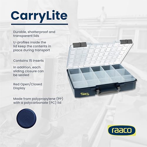 Raaco CarryLite 80 Small Parts Organizer, 15 Inserts | 3.2 Inch Height, Anti-Mix U-Profile Lid for Screws, Bolts & Nuts, Secure Sliding Lock, 15 Inserts, For workshop and garage - size: Deep-15 Inserts, style: Single Pack