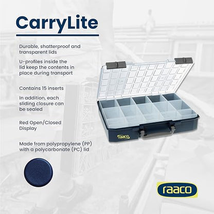 Raaco CarryLite 80 Small Parts Organizer, 15 Inserts | 3.2 Inch Height, Anti-Mix U-Profile Lid for Screws, Bolts & Nuts, Secure Sliding Lock, 15 Inserts, For workshop and garage - size: Deep-15 Inserts, style: Single Pack