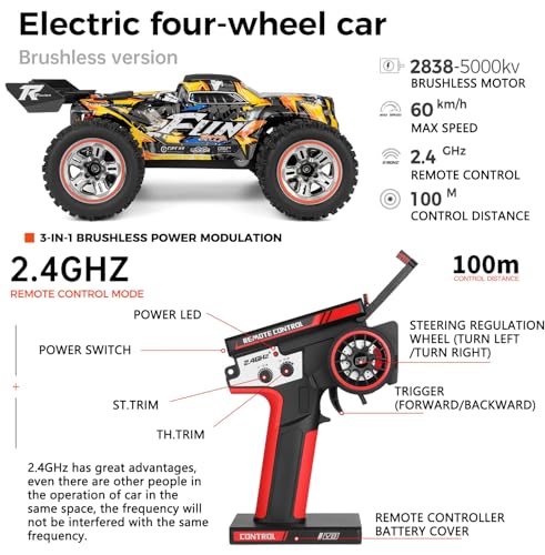GoolRC WLtoys 184008 Brushless RC Cars for Adults, 60KM/H High Speed Remote Control Car, 4WD 1:18 Scale All Terrain Off Road Monster Truck, 2.4GHz RC Racing Car with 2 Batteries (Yellow) - color: Yellow