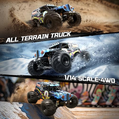 1/14 Brushless RC Cars for Adults, Max 42mph Oil Shock Absorber Electric 4WD High-Speed RC Car, Remote Control car for Adults RC Truck with Two 2S Lipo Batteries, Compatible with 3S Lipo - color: Blue