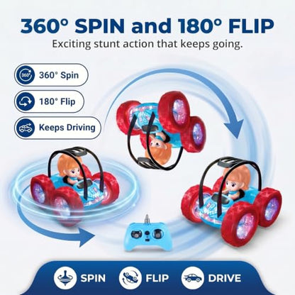 4WD RC Stunt Car for Kids Ages 3+, Blue Car with Girl | LED lights, built-in music, 360° spins, 180° flips, 2.4GHz remote, solid tires, indoor outdoor play - color: Blue