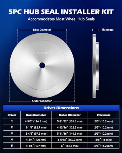Orion Motor Tech Truck Hub Seal Installer Kit, 9pcs Heavy Duty Seal Drivers Compatible with Class 7 8 Trucks, 4-13/16" to 6-5/16" Large Race and Seal Drivers for Truck Hub Seal Removal Installation | 9pc Bearing Race and Seal Driver Set with Large Race an