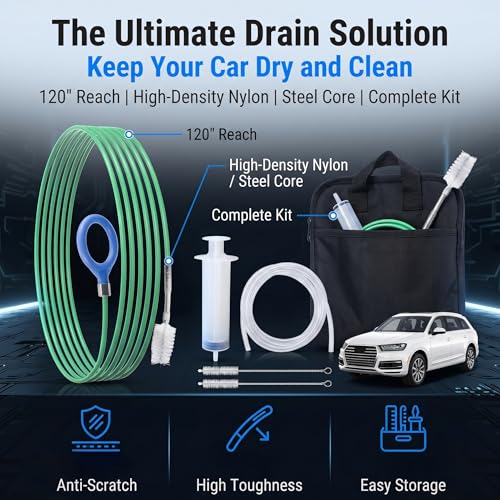 5 PCS Car Sunroof Drain Cleaning Tool, Flexible Tube Cleaner with Rotating Brush Head, Tear-resistant Portable Unclogger Kit, Maintenance Accessories for Drains Sewers Windshields (Green)