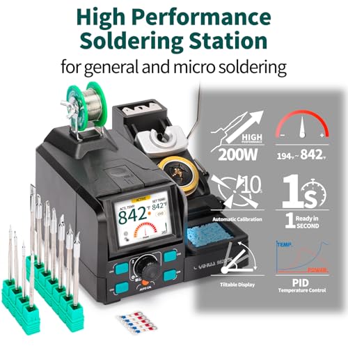 YIHUA 982D SE 200W Micro Soldering Kit with Precision Soldering Iron Station with 11 Soldering Tips, Lead-Free Solder, Auto Temperature Calibration Function