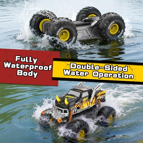 Amphibious 1:16 Waterproof Monster Truck Toys RC Car Water Blaster Trucks 60+ Min Runtime with 2 Batteries 360 Spin 4WD All Terrain Off-Road rc car water Toys 5-12 Year Old Kids Back-to-school season - color: Yellow
