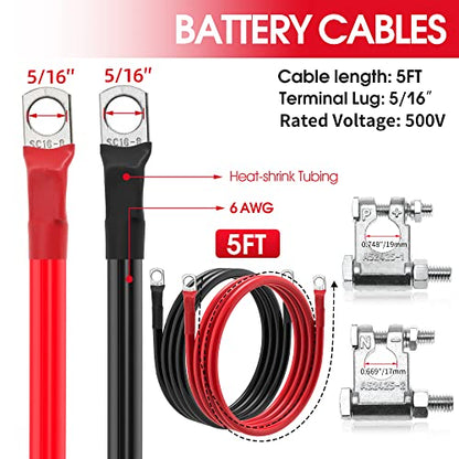 6 AWG Battery Cable 6 Gauge Battery Wires with 5/16 terminals Power Inverter Cables for Solar Boat Marine RV Car (5FT, with 3/8"+5/16" Top Post Set) - size: with 3/8"+5/16" Top Post Set, style: 5FT