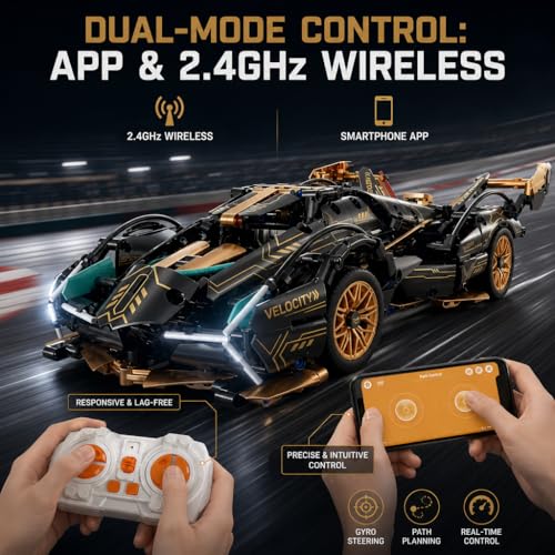 RC Car Building Kit, 1:14 App Control Car Kit with LEDs | car kit with 975 pieces, LED lights, motorized functions, and dual control; built for collection, display, gifting.