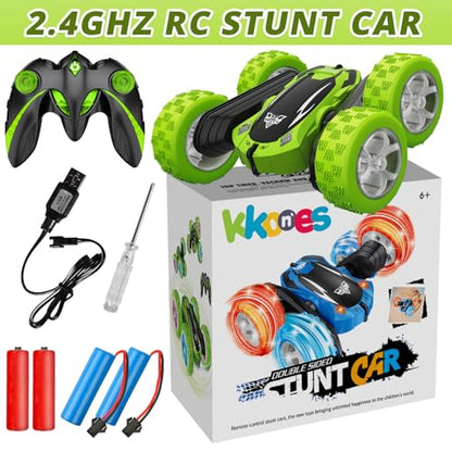 KKONES Remote Control Car, 2.4GHz Electric Race 4WD Flips Stunt Car, Green | Double Sided 360° Rolling Rotation, LED Headlights, High Speed Off Road Gift for 3 4 5 6 7 8-12 Year Old Boy Toys - color: Green
