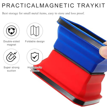 Collapsible Magnetic Parts Tray, 4.5 Inch Foldable Silicone Bowls with Double-Sided Magnetic Base, Parts Tray Organizer for Bolts Nuts Washers Pins Screws, Car Accessories (Blue) - color: Blue