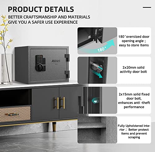 AEGIS 1.2 Cuft Fireproof Safe Box for Home with Digital Keypad, Gray | Small Fire Steel Security Home Safe,upholstered interior, backup keys and USB-C power for passports, cash and jewelry - size: 1.2 Cubic Feet, style: Fireproof Safe