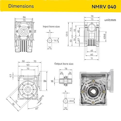 NMRV040 Worm Gear Gearbox Ratio 15:1,18mm Output Shaft,RV40 NMRV-040 Metal Gearheads Worm Gear Reducer for Nema34 Stepper Motor/Servo Motor