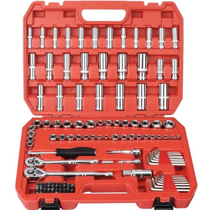 Egofine 117 Pieces 1/4 & 3/8 inch Drive Socket Ratchet Wrench Set, Metric/SAE Size, with Bit Socket Set and Extension Bar for Auto Repairing and Household, with Storage Case - style: 3/8" & 1/4" 117 PCS with 72 Teeth Ratchet
