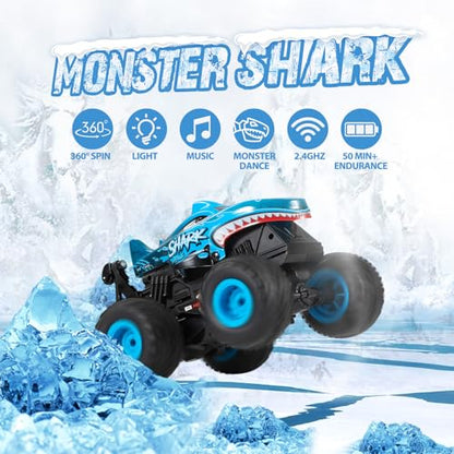 DYODYORC Remote Control Car, 2.4Ghz All Terrain Shark Monster Truck Toys, RC Truck with Music, 3 Lighting Effects, 360 Stunt Capable, 2 Batteries Ready to Run, Toy Gifts for Boys and Girls (Blue) - color: Blue Shark