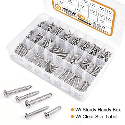 VIGRUE 510Pcs Stainless Steel Wood Screws Assortment Kit, #4#6#8#10#12 Phillips Pan Head Sheet Metal Screws Self Tapping Screws Set,Length 3/8" to 1-1/2" - style: 510Pcs Pan Head #4#6#8#10#12