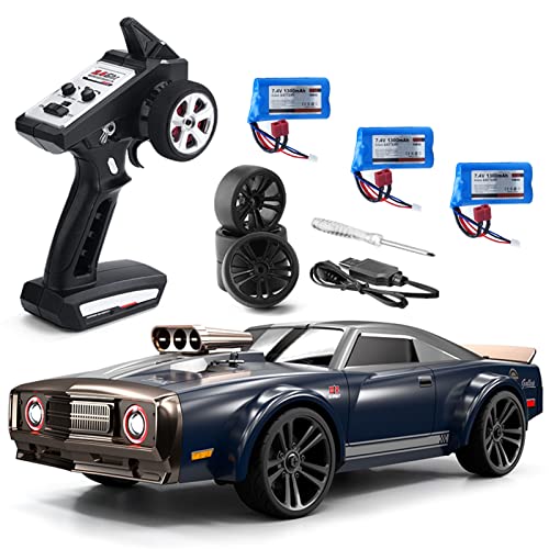 GoolRC 1:16 RC High Speed Remote Control Car, 4WD 35KM/H Drifting Car with LED Lights and Extra Tires - 3 Batteries (Blue) - color: Blue, size: 3 Batteries