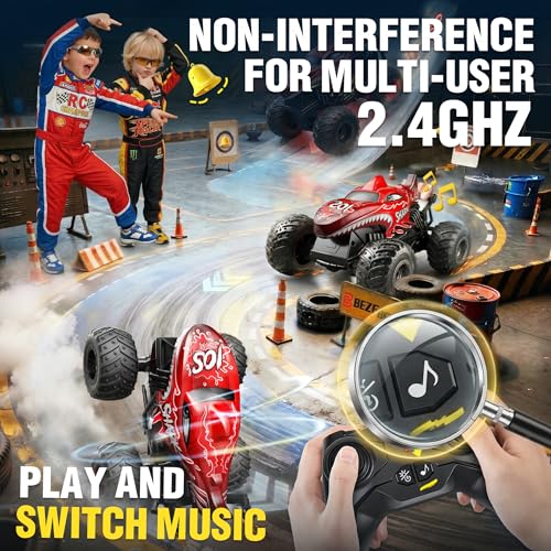 BEZGAR 1:20 Shark Monster Truck Toys, 360°Stunt RC Cars Rotation Monster Trucks with Music, 2 Batteries and Wireless LED Strobe Lights, Remote Control Car for Boys 4 5 6 7 8 9 Years Old(Red) - color: Red