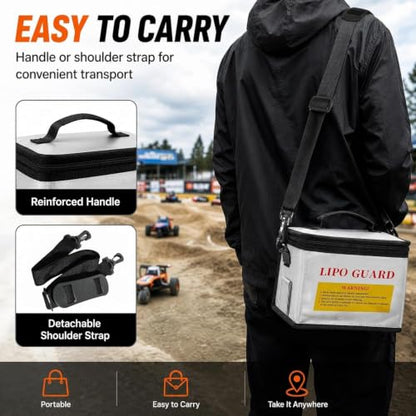 LiPo Safe Bag Fireproof Explosionproof Battery Storage & Charge Safe Pouch | Fire Resistant Large Capacity Battery Guard Bag with Side Charging Port, Double Zipper, Reinforced Handle & Shoulder Strap - color: White