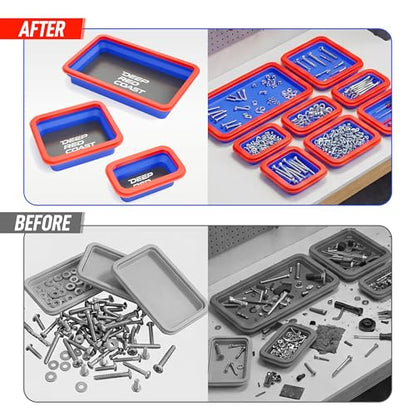 Collapsible Magnetic Parts Tray Set, 3 Pcs Silicone Magnetic Tool Trays | 3 Different Sizes with Strong Magnetic Hold for Screws Nuts Bolts Washers, Garage Toolbox and Auto Repair
