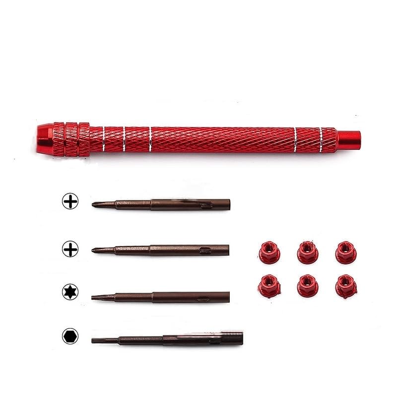1/30 RC Screwdrivers Set H1.3 Hex T4 Plum Phillips 1.5mm 2.0mm Precision Bits With M2 Nuts Screw Driver Repair Tool Kit For 1:30 1:32 Crawler Car Axial SCX30 0.7" Tires Wheels (Red) - color: Red