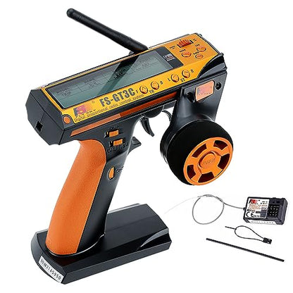 Flysky FS-GT3C RC Transmitter with FS-GR3E Receiver, 2.4GHz 3 Channel LCD Remote Controller and Receiver for RC Car Boat (Orange)