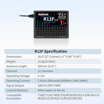 Radiolink R12F 12-Channel 2.4GHz RC Receiver Compatible with T16D/T12D/T8FB/T8S/RC4GS V3/RC6GS V3 Transmitters, Ideal for RC Airplanes, Jets, Cars, Boats & Robots