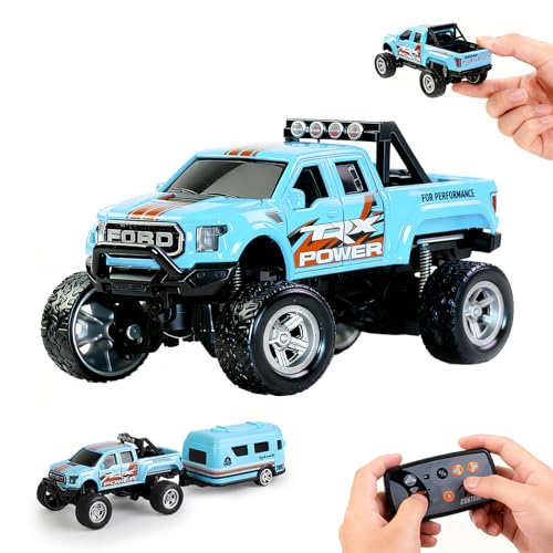 Mini RC Truck, 1/64 Scale Alloy Monster Truck Remote Control Car | 2.4GHz Control, LED Lights, 3-Speed Settings, Cruise Control,Adjustable Steering, Indoor Outdoor Toy for Kids Adults - color: Blue