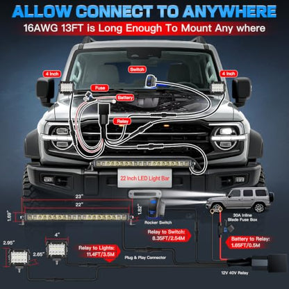 22In LED Light Bar+4In LED Cube Pod Lights with Wiring Harness Kit | Spot Flood Combo Single Row Straight Off Road Driving Work Light Bar 3Pin Rocker Switch for Je-ep Pickup Golf Car Tractor GMC