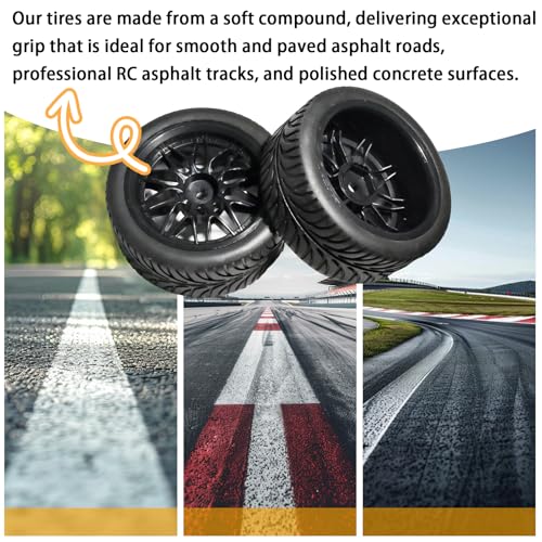 OD 2.55" On Road Rubber Tires Nylon Wheels- 12mm Hex for 1/10 RC Racing Car | Compatible with MJX HSP Tamiya HPI Kyosho Traxxas Sakura Redcat WLtoys 1/10 RC On-Road Racing Touring Car (4pcs, Black) - style: E-Black