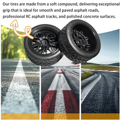 OD 2.55" On Road Rubber Tires Nylon Wheels- 12mm Hex for 1/10 RC Racing Car | Compatible with MJX HSP Tamiya HPI Kyosho Traxxas Sakura Redcat WLtoys 1/10 RC On-Road Racing Touring Car (4pcs, Black) - style: E-Black