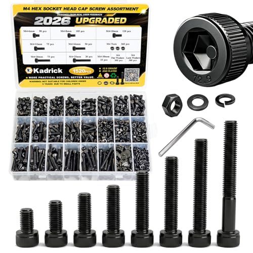 Kadrick M4 Screws Kit 1520PCS, M4x6MM-25MM Bolts with Nuts,Washers & Hex Wrench, Optimized Size Distribution, Class 12.9 Socket Head Cap M4 Screws, Black Zinc Plated, for Mechanical, Repair & DIY - size: M4 1520Pcs New
