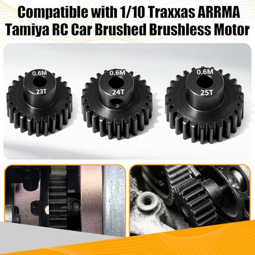 3PCS 0.6M Hardened Steel Pinion Gear Set with 3.175mm Shaft, 0.6 Metric Pitch 23T 24T 25T Pinion Gears for 540 550 Brushed Brushless Motor, Compatible with 1/10 Tamiya Redcat HSP HPI RC Car - size: 23 24 25T
