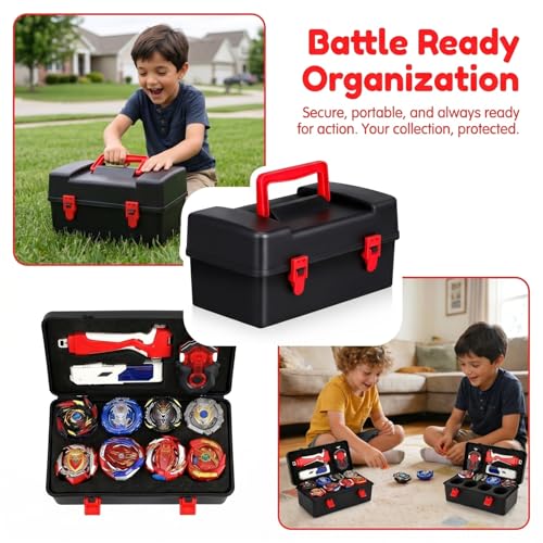 Battling Top Carrying Case, Portable Plastic Storage Box Organizer with Foam Insert for Burst Spinning Tops and Launchers, Kid-Friendly Travel Toy Holder, Black, 8.65"