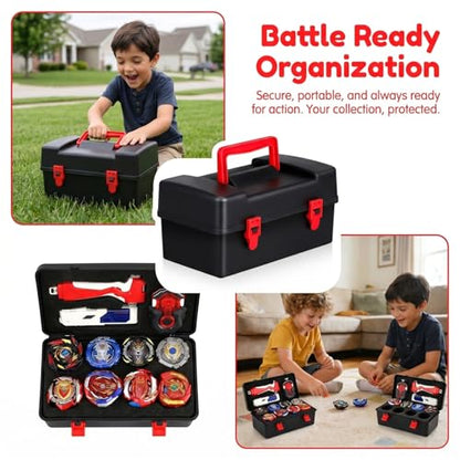 Battling Top Carrying Case, Portable Plastic Storage Box Organizer with Foam Insert for Burst Spinning Tops and Launchers, Kid-Friendly Travel Toy Holder, Black, 8.65"