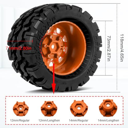 OGRC Wheels and Tires 12mm/14mm Hex RC Truck Tires with Foam Inserts for 1/10 Scale Arrma Granite Axial Losi Redcat Rc4wd RC Monster Truck Buggy (Orange)