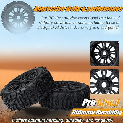 1/8 Scale RC Buggy Tires 17mm Hex RC Wheels and Tires PreGlued 17mm Hex 1/8 RC Buggy Tires and Wheels with Foam Inserts, for Arrma Typhon 6S 3S Talion 6S, Team Losi 8IGHT, HPI 4PCS - color: Black With Rc Wrench