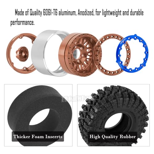 RC 1.9 Wheel Tires for 1/10 TRX4 TRX6 SCX10 SCX10 II 90046 SCX10 III AXI03007 SCX10 Pro Gen7/8 D90 VS4-10 MST CFX RC Crawler Car,12mm Hex Wheels Rims and Rubber Tires w/Sponge,Brown - color: Brown - (1.9 Beadlock Wheel)