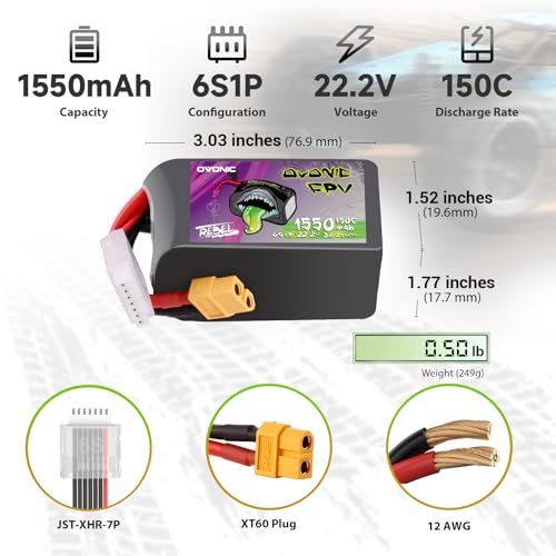 OVONIC 1550mAh 22.2V 6S Lipo Battery 150C Soft Case with XT60 Connector for RC Cars, Trucks, Planes, Drones – 1 Pack