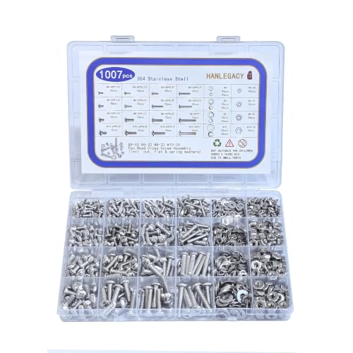 Machine Screw Assortment Kit 1007Pcs 304 Stainless Steel, #4-40#6-32#8-32#10-24 Phillips Pan Head Screws with Nuts, Flat & Spring Washers, Organized Storage Case for DIY Home Repair Automotive