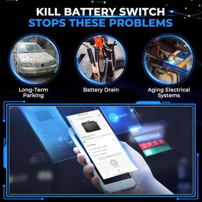 Phone App 12V 24V 36V Battery Disconnect Switch Car Kill Switch Remote | Remote auto shut-off side post 75 battery protector to prevent drain and improve security for cars trucks and SUVs