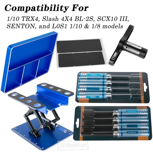 RC Tool Kit w/Height Adjustable Work Stand, 1.5 2.0 2.5 3.0mm Hex, 4.0 5.5 7.0 8.0mm Nut Driver, 17mm Wheel Socket &Screw Tray for 1/10 TRX4 Slash 4X4 BL-2S SCX10 III SENTON L0S1 1/8,Blue - color: Navy Blue(1set)