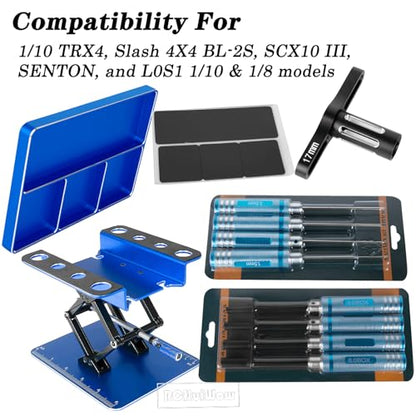 RC Tool Kit w/Height Adjustable Work Stand, 1.5 2.0 2.5 3.0mm Hex, 4.0 5.5 7.0 8.0mm Nut Driver, 17mm Wheel Socket &Screw Tray for 1/10 TRX4 Slash 4X4 BL-2S SCX10 III SENTON L0S1 1/8,Blue - color: Navy Blue(1set)
