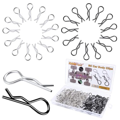 HobbyPark 150 Pieces Universal Bent RC Body Clips Car Clips Silver & Black R Clips for All 1/10 1/12 Scale Redcat HPI Tamiya HSP Exceed RC Car Parts Truck Buggy Shell Replacement