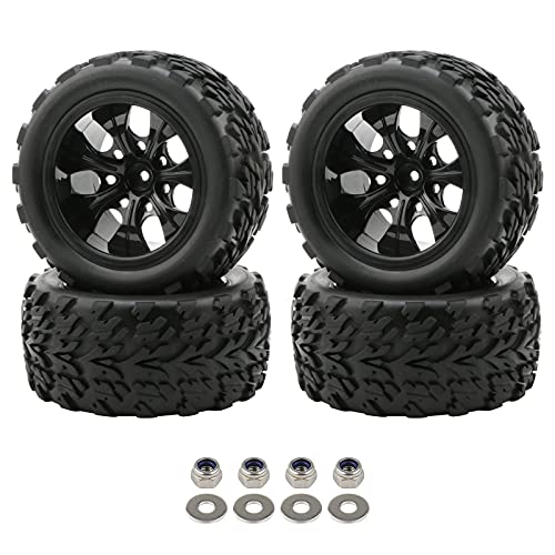 RC Monster Truck Car Wheels, Black, 4x 1:10 Scale | Rubber Tires, 7 Spokes Wheel Rim, RC Parts