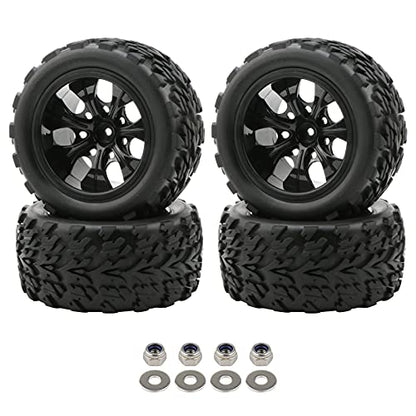 RC Monster Truck Car Wheels, Black, 4x 1:10 Scale | Rubber Tires, 7 Spokes Wheel Rim, RC Parts