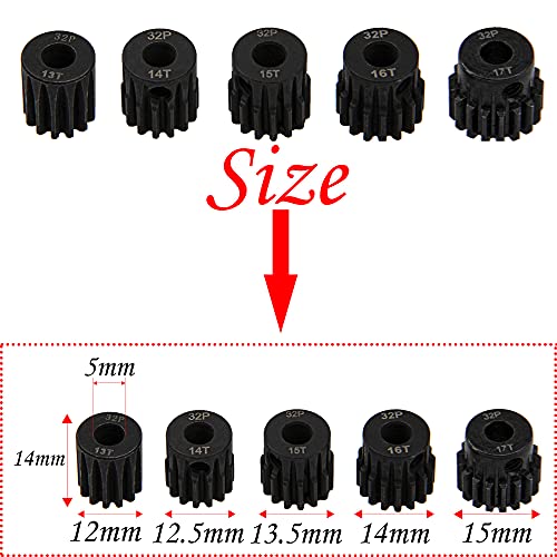 5Pack ShareGoo Steel 32P 5mm Pinion Gear Sets 13T 14T 15T 16T 17T fit 5mm Shaft Compatible with HPI Kyosho Losi Axial Traxxas Tamiya 1/8 1/10 RC Car Monster Truck Buggy