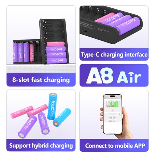 ISDT Battery Charger AA AAA Rechargeable Batteries 8-Bay Portable Smart Charger Fast Charging USB Input Port for 1.2V NiMH NiCd 1.5V Li-lon LiFePO4 Batteries with Bluetooth APP Connection (Black) - size: 8 Slot