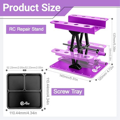RC Stand Lift Lower with 3-Slot Screw Tray for 1/8 1/10 1/12 Scale, Purple | Aluminum RC Car Work Stand Repair Tool Set for RC Cars Crawler Truck Traxxas TRX4 Axial SCX10 Upgrade - color: Purple, With 3-slot Screw Tray