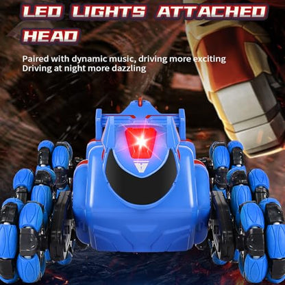 Remote Control Car, Gesture Sensing RC Stunt Car, 8WD Transform Robotdog Climbing Toys with Spary and Light, 360° Rotating, 2.4GHz 8 Wheels RC Cars with 3 Batteries (Blue) - color: Blue, size: 3 Batteries